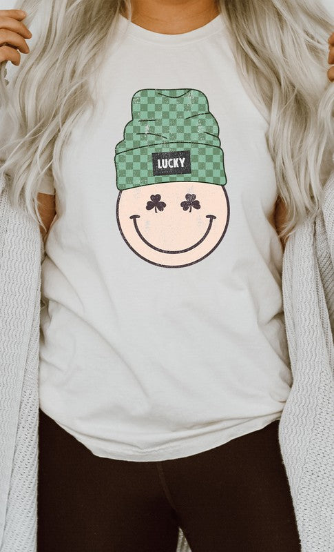 Lucky Clover Smiley with Beanie Graphic Tee